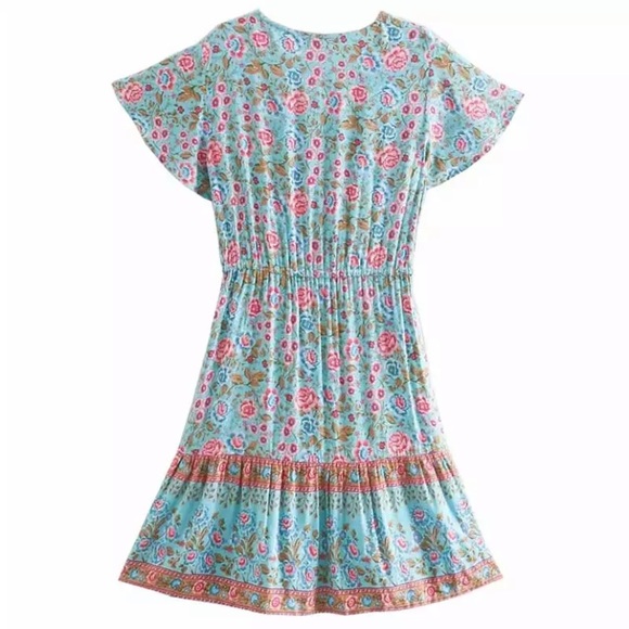 Blue Floral Boho Flutter Sleeve Mini Dress - Picture 4 of 5